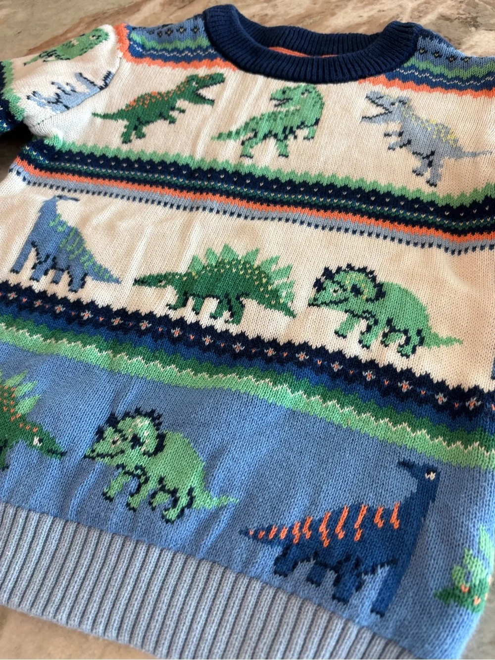 Gymboree Boys Dinosaur Crewneck Knit Sweater T-Rex Printed Size 6 Blue Green